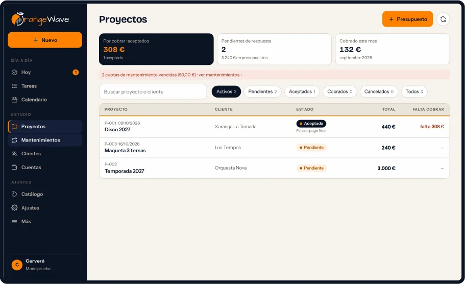 App de gestión de Orange Wave en el ordenador: proyectos, presupuestos y lo que falta por cobrar