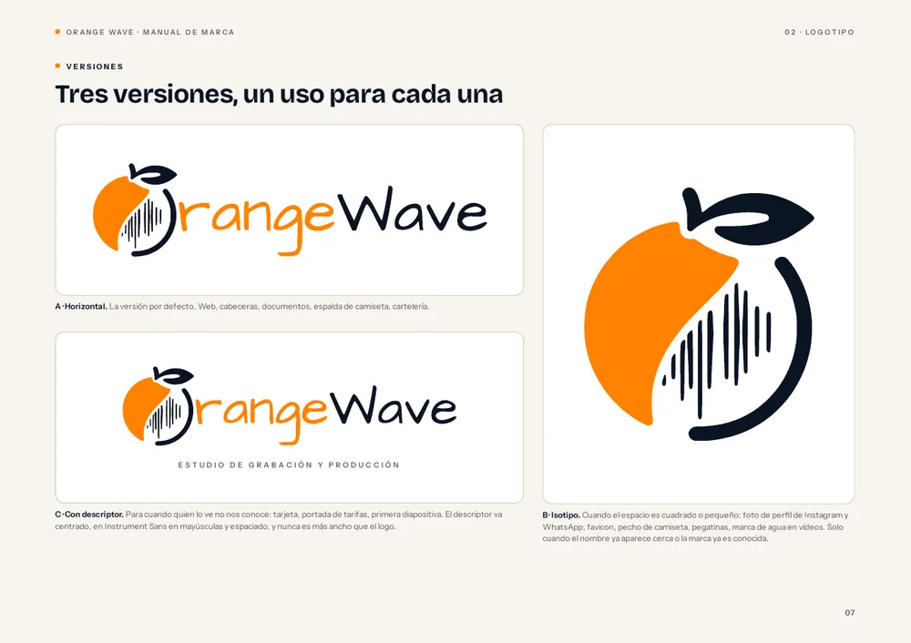 Página del manual de Orange Wave con las tres versiones del logotipo