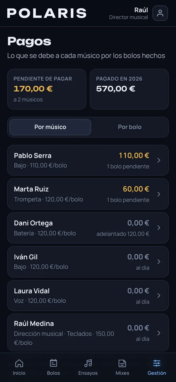 Pantalla de pagos de la app de orquestas con lo que se debe a cada músico