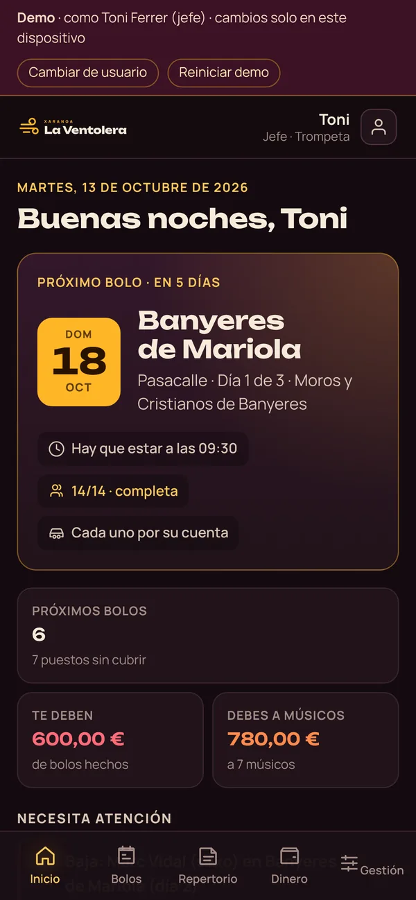 Inicio de la app para xarangas con las fiestas de la semana